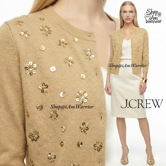 J.Crew NWT tan jeweled embellished crewneck cotton cardigan *shop@iamwarrior